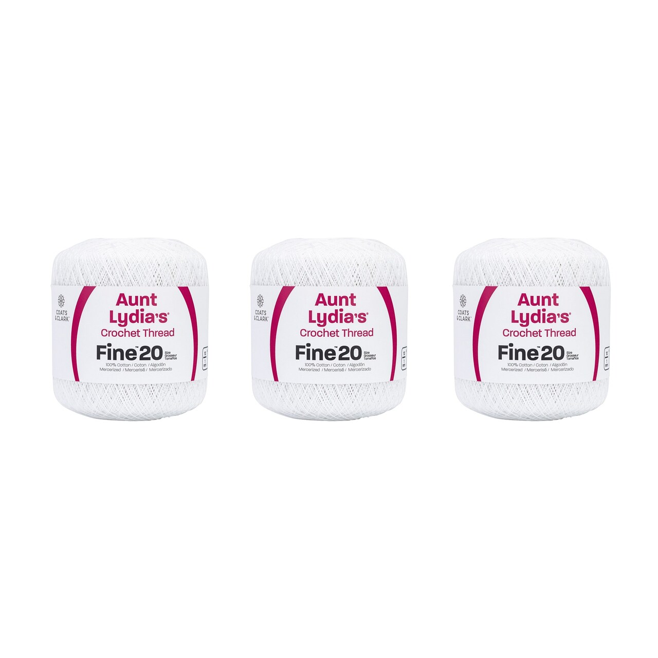 Aunt Lydia Extra Fine White Crochet - 3 Pack of 400y/365m - Cotton - Gauge 20 - Crochet
